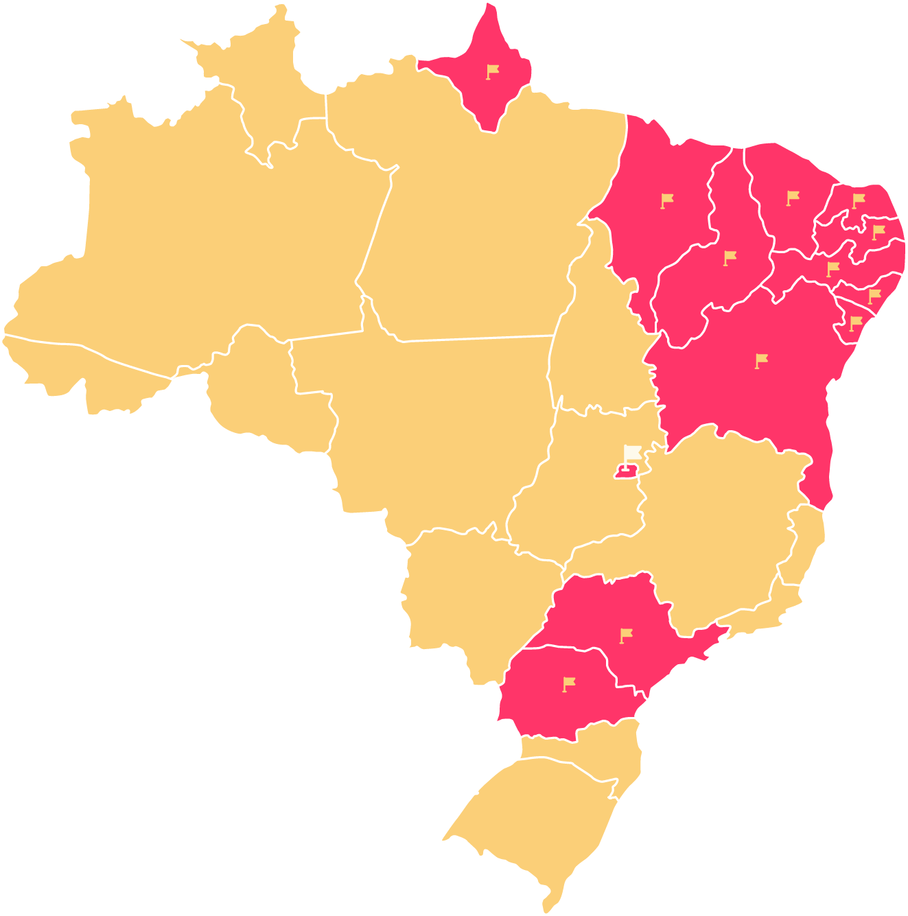 Mapa do Brasil com os estados onde a Sucré está presente destacados em rosa, com bandeirinhas: Nordeste, Amapá, Distrito Federal, São Paulo e Paraná